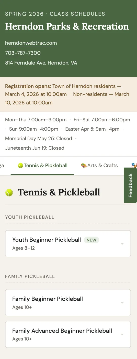 herndonrec.com on mobile showing the Tennis & Pickleball category with collapsed class cards