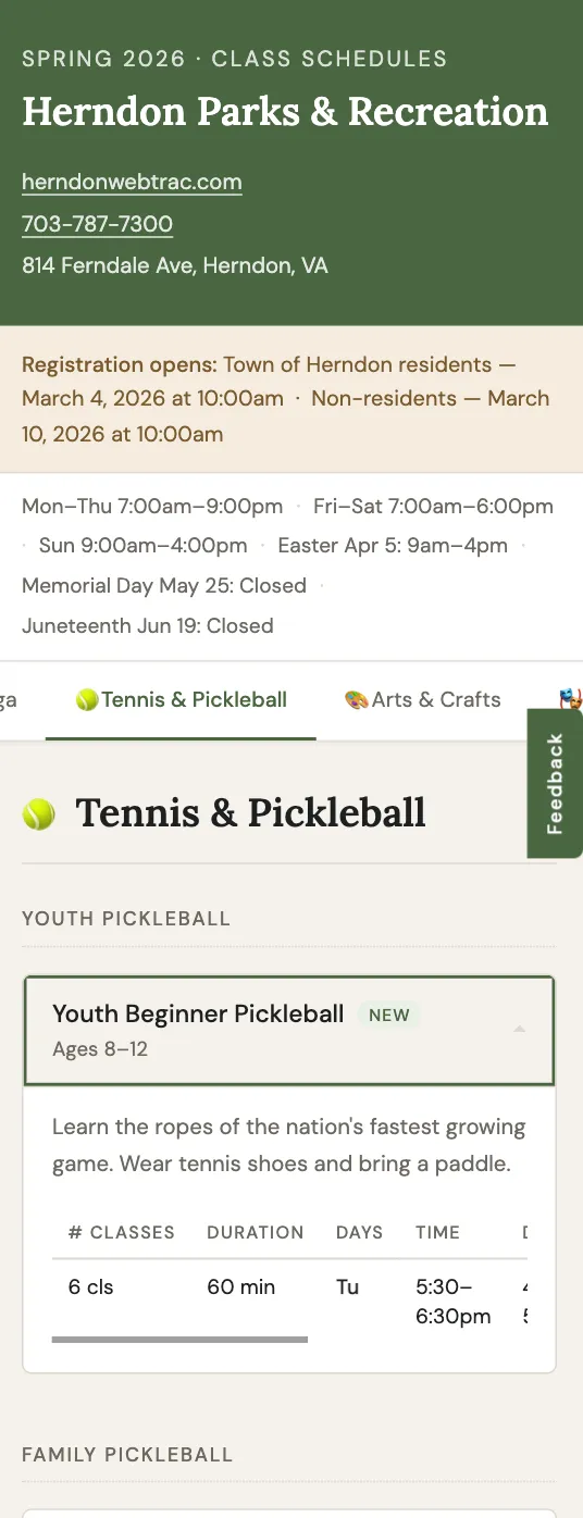 herndonrec.com on mobile showing an expanded accordion card with full session detail for Family Beginner Pickleball