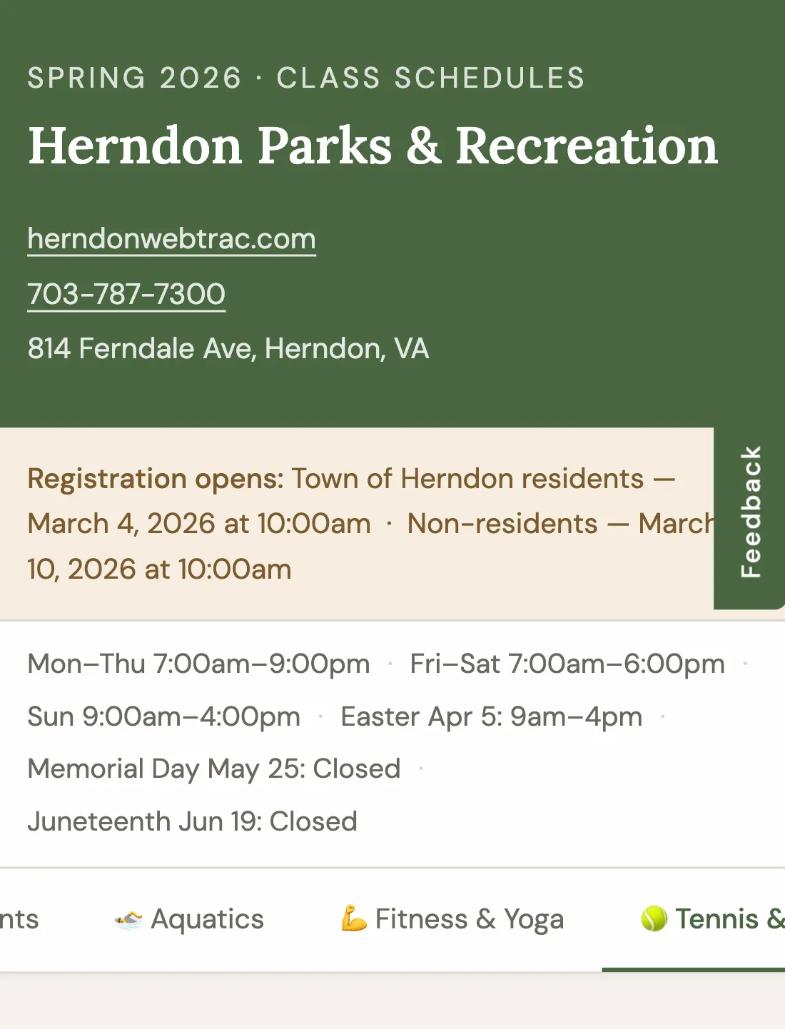 herndonrec.com on mobile showing the header with registration dates, hours, and sticky category tab bar