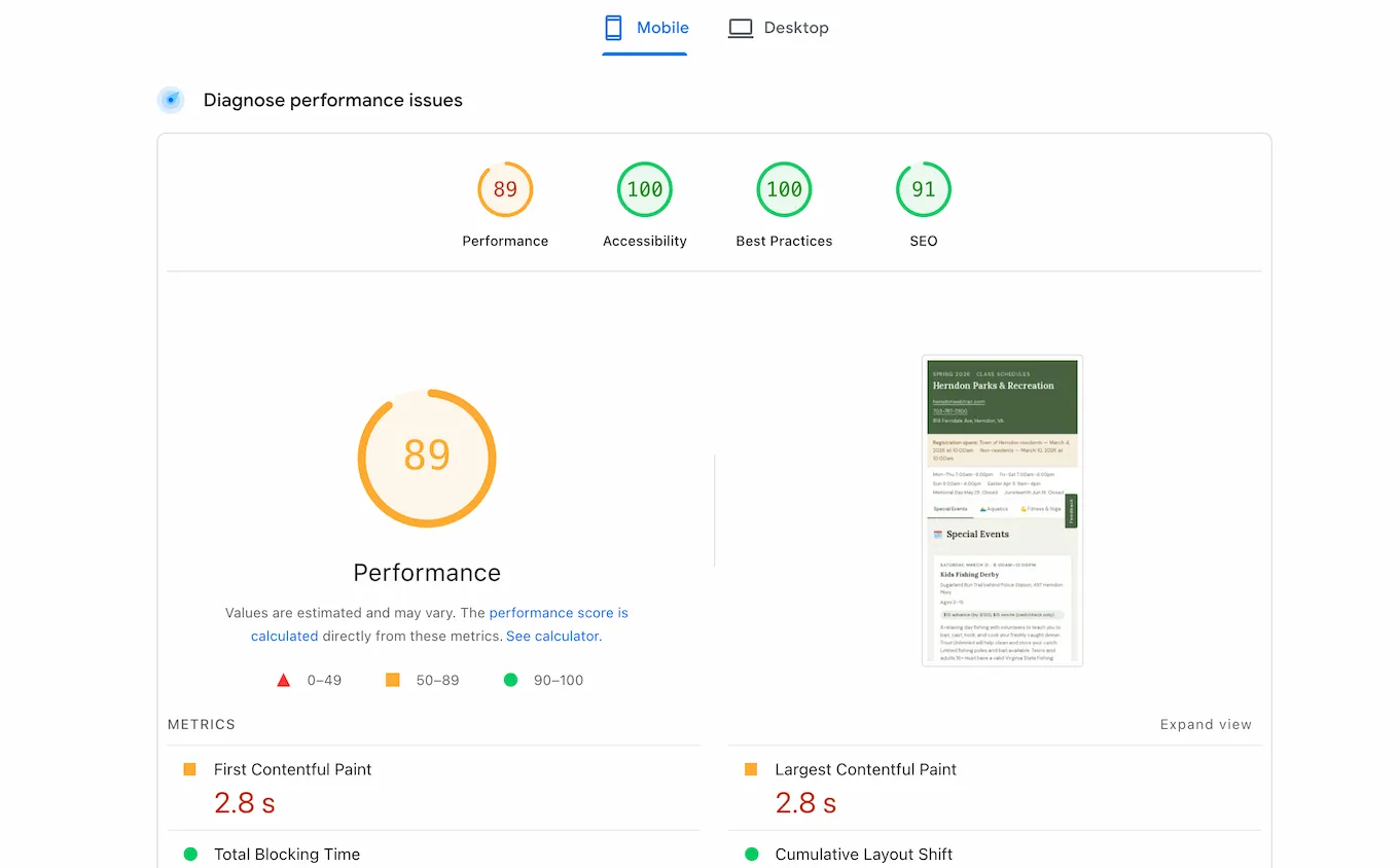 PageSpeed Insights mobile scores: 89 Performance, 100 Accessibility, 100 Best Practices, 91 SEO
