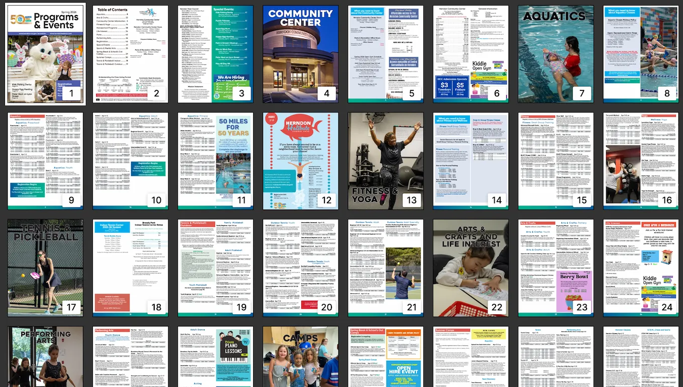 All 48 pages of the Herndon Parks & Recreation Spring 2026 brochure shown as a thumbnail grid