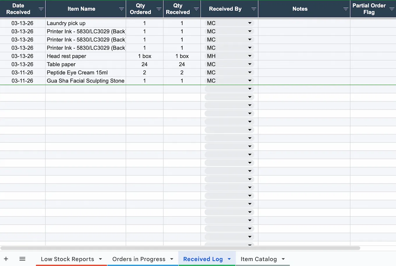 Received Log sheet showing date received, item name, qty ordered, qty received, received by, and notes columns with recent entries