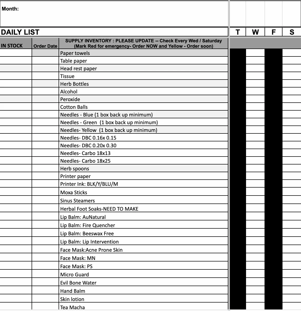 The original paper inventory checklist, filled out by hand with columns for In Stock and Order Date, covering supplies and merchandise in two side-by-side sections