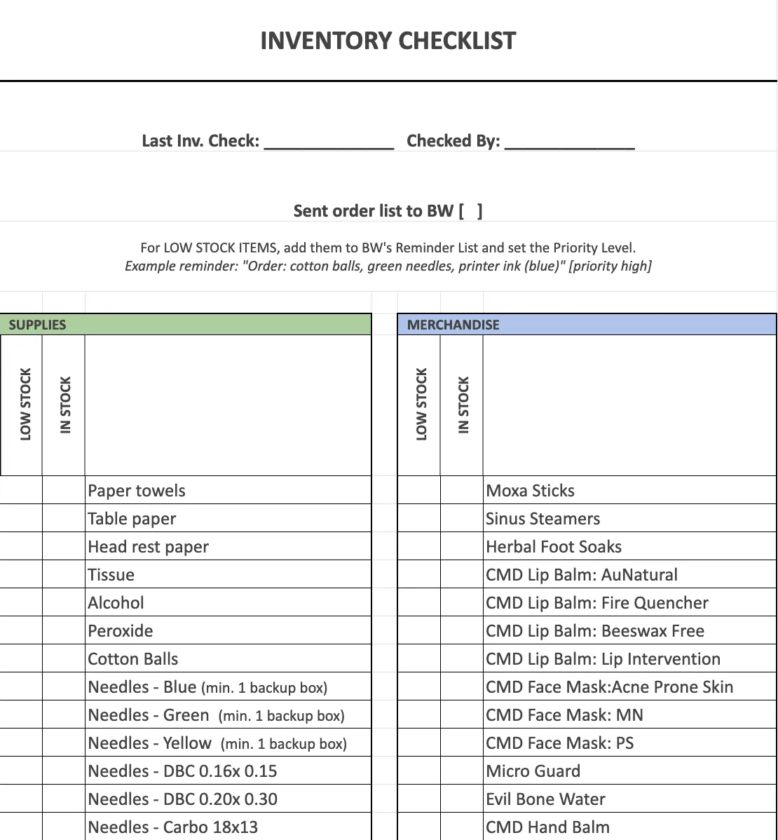 The laminated version of the checklist with Low Stock and In Stock checkbox columns for supplies and merchandise, with an instruction to send a reminder list for flagged items