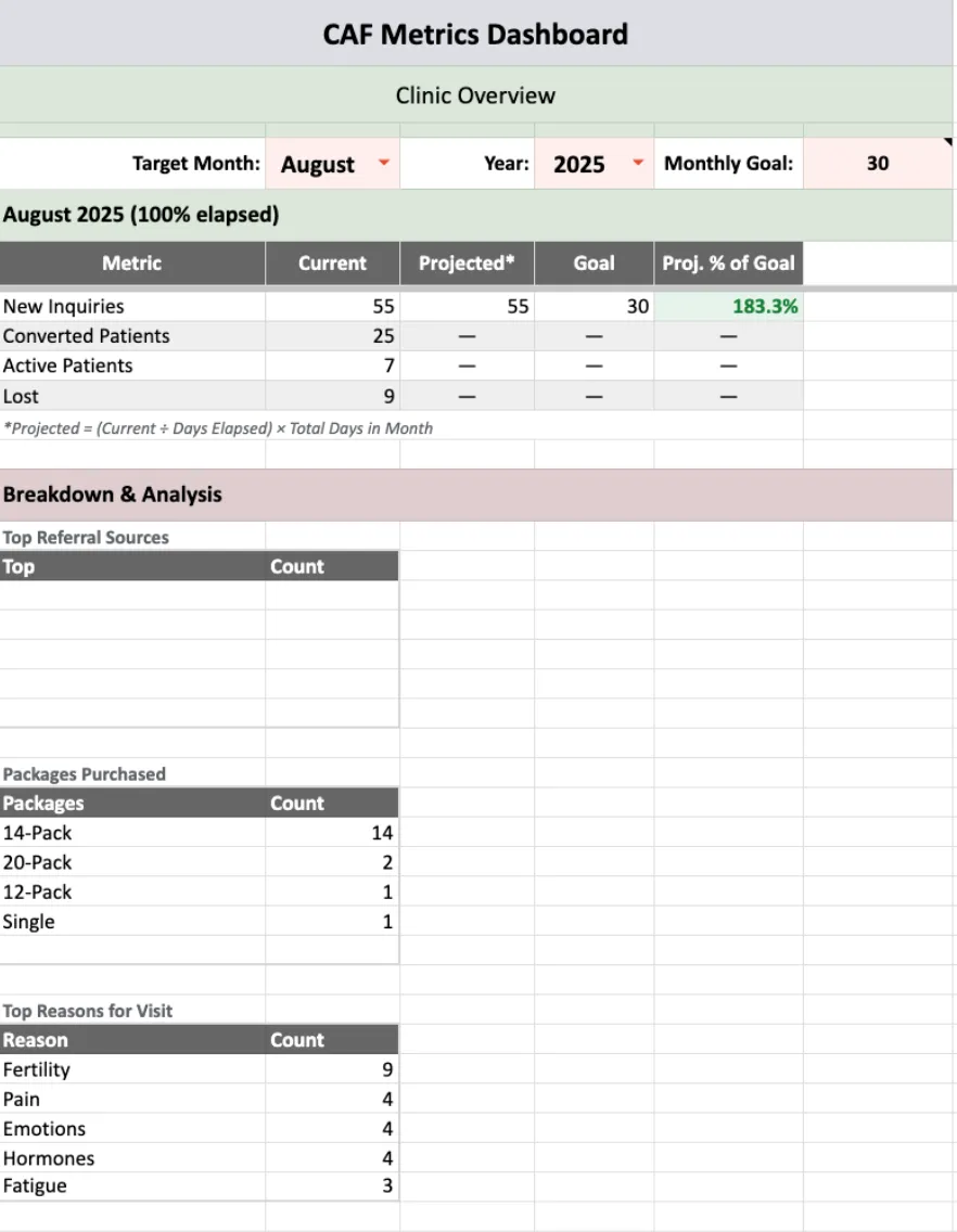 The CAF Metrics Dashboard showing monthly KPIs, referral source breakdown, reasons for visit, and year-at-a-glance comparison