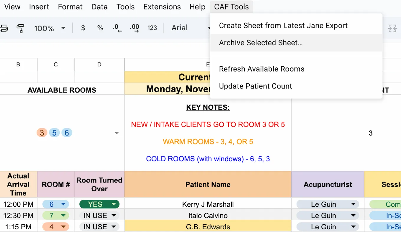 The CAF Tools menu open in Google Sheets showing Create Sheet from Latest Jane Export and Archive Selected Sheet options