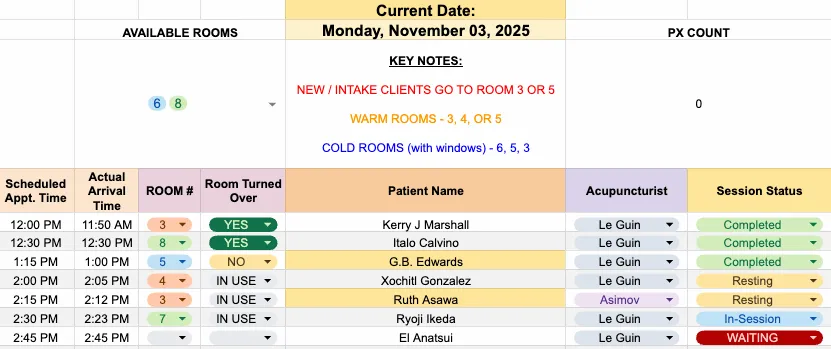 The populated room tracker showing color-coded appointment chips, patient names, and room assignments for a clinic day