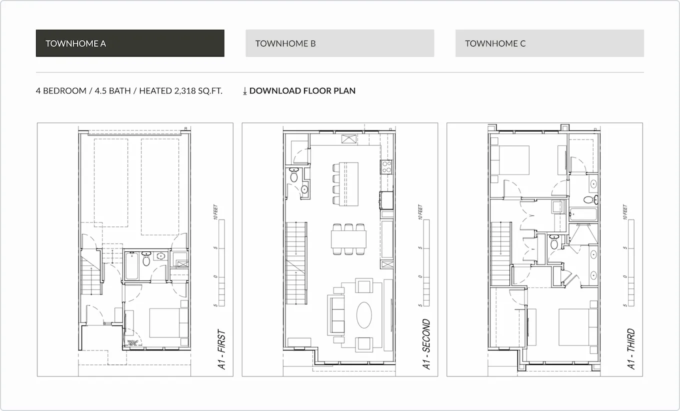 Figma prototype frame showing the floor plan accordion with three floor levels visible