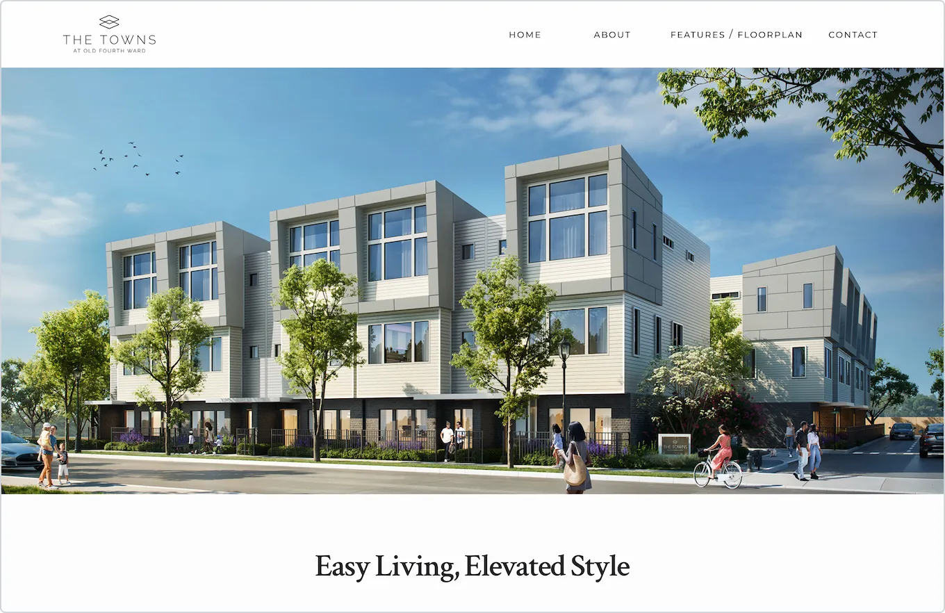 Figma prototype frame showing the hero section with full-bleed exterior photography, logo, and navigation