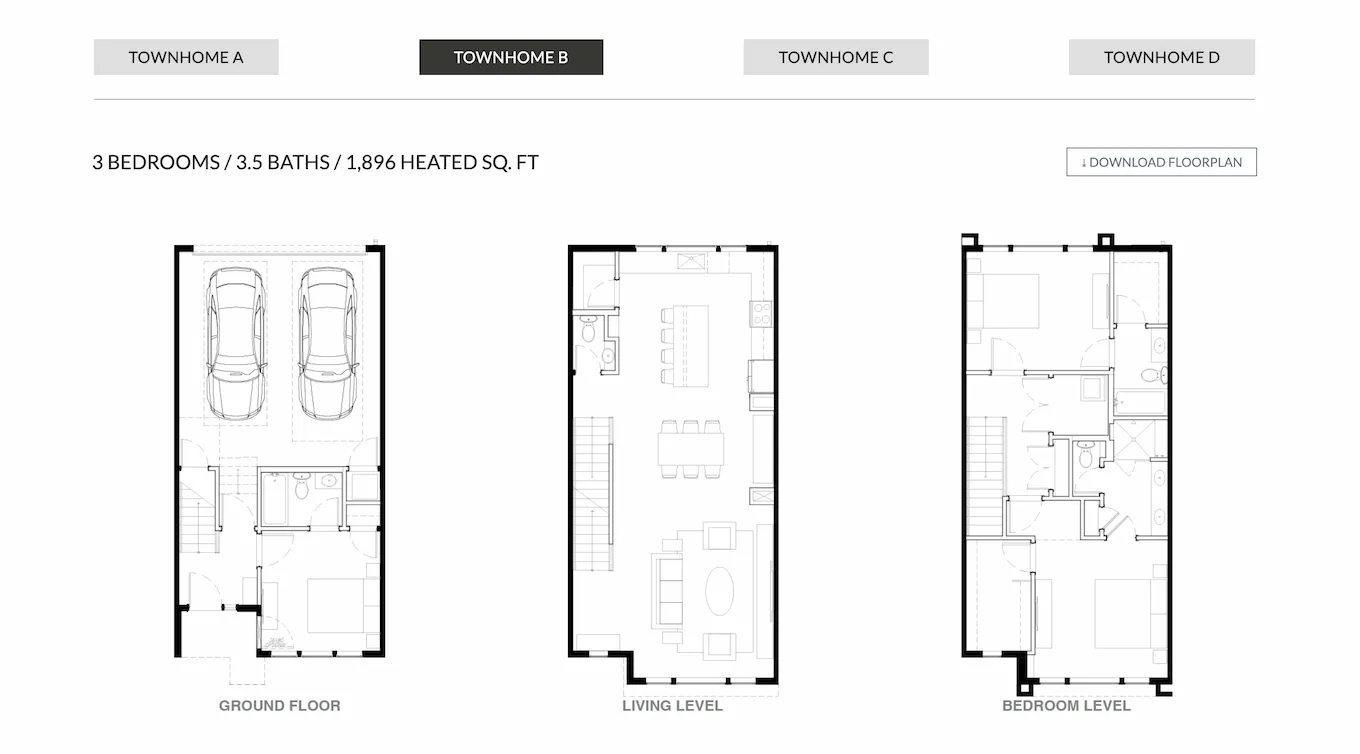 Desktop floor plan view — accordion with one plan open, three floor levels visible side by side