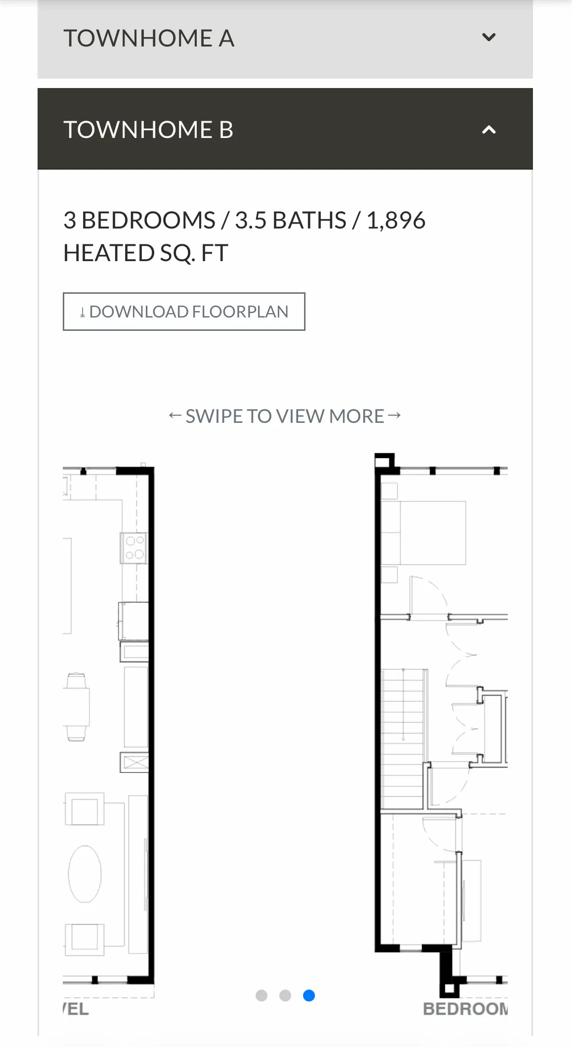 Mobile floor plan view — scroll-snap between floor levels, dots and peeking next level visible