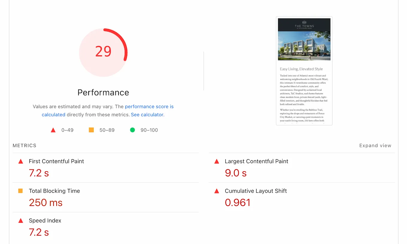PageSpeed Insights mobile scores: 29 Performance, with FCP 7.2s, LCP 9.0s, CLS 0.961